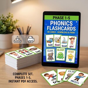 May include: A stack of phonics flashcards with colorful illustrations and text, next to a tablet displaying the same cards. The tablet screen reads "PHASE 1-5 PHONICS FLASHCARDS". The text "COMPLETE SET. PHASES 1-5. INSTANT PDF ACCESS." is also visible.