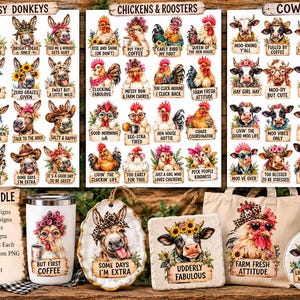 May include: A digital bundle featuring 48 farm animal designs including donkeys, chickens, and cows with humorous text. The collection includes three printable pages, a tumbler, a decorative plate, a stone coaster, and a canvas tote bag.