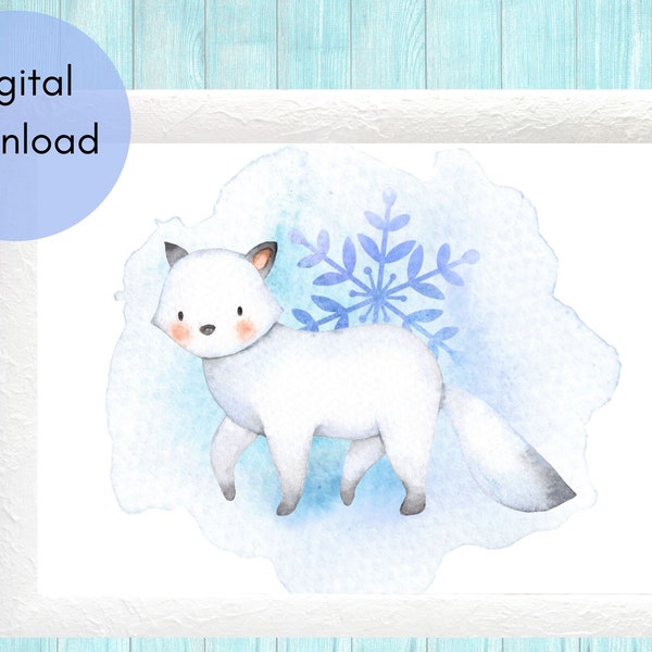 Arctic Fox Printable Wall Art, Winter Theme Picture, Snowflakes, Girls Bedroom Decor, Baby Girl Nursery Wall Art Snow Picture Cute Animal