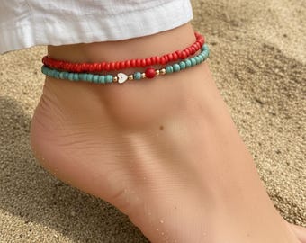 Türkis Rotes Fußkettchen - Strand Fußkettchen für Damen - Damen Boho Ethno Fußkettchen - Handgemachter Festival Schmuck - Wasserdicht