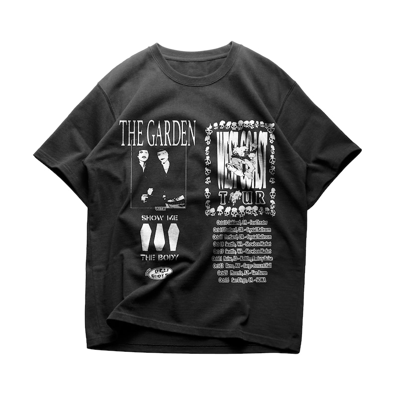 May include: Black t-shirt with a white print of a band called "The Garden" with the text "West Coast Tour" and a list of tour dates. The band's name is in a bold font and the tour dates are in a smaller font.