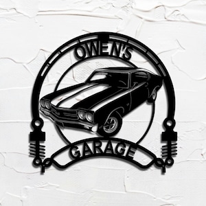 May include: Black metal sign featuring a classic car with white racing stripes. The sign is circular with the text "OWEN'S" at the top and "GARAGE" at the bottom. The car is centered within the circle.