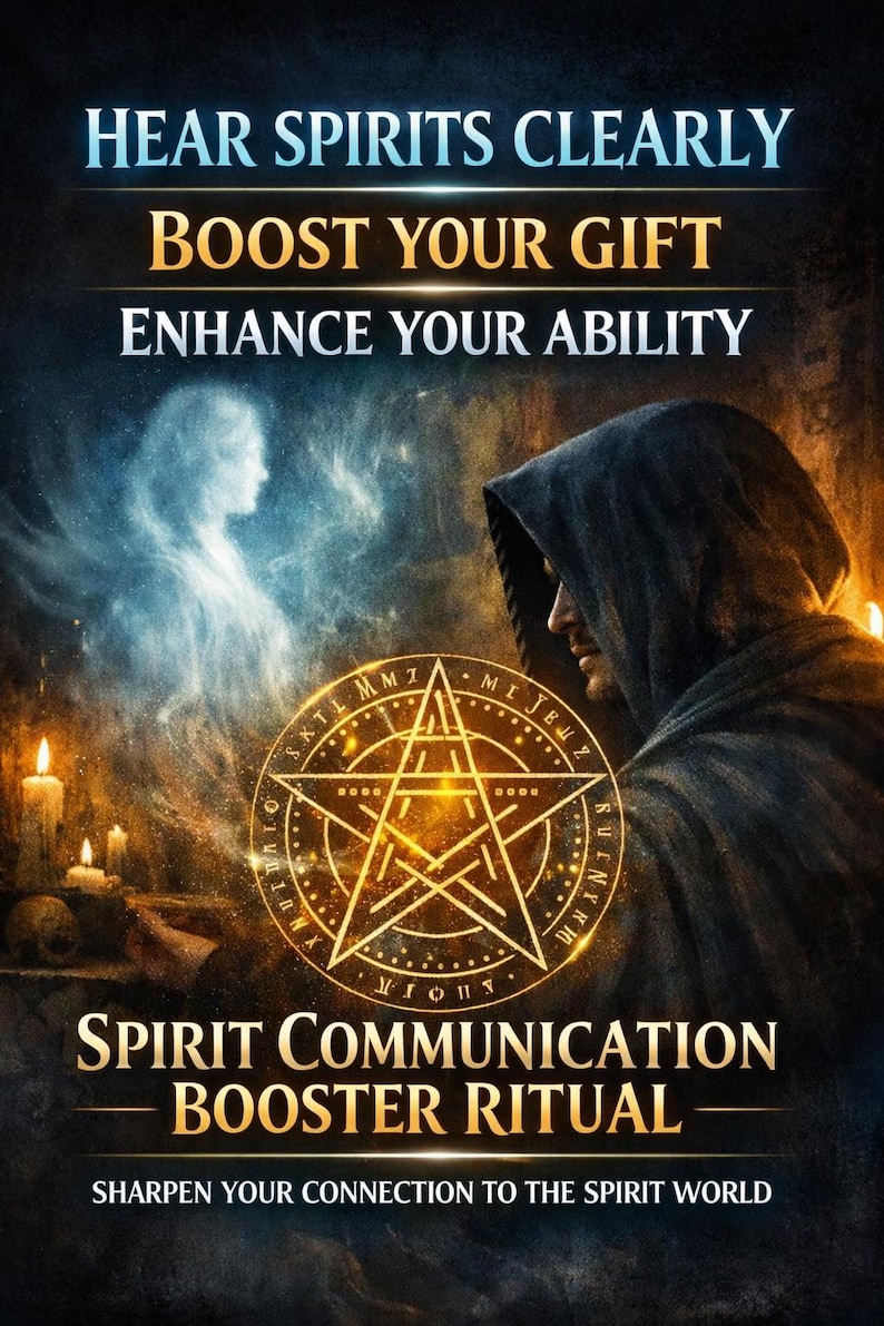 Pu&ograve; includere: Immagine con testo che recita "Hear Spirits Clearly, Boost Your Gift, Enhance Your Ability". Una persona con un mantello con cappuccio &egrave; sullo sfondo. Un pentagramma luminoso e candele sono in primo piano. &Egrave; visibile anche il testo "Spirit Communication Booster Ritual".