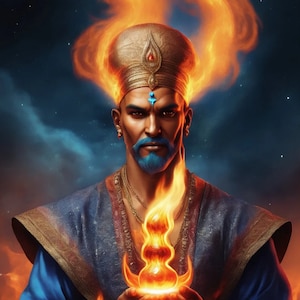 Peut inclure: Illustration numérique d'une figure mystique avec un couvre-chef doré et une barbe bleue, entourée de flammes. La figure tient un objet brillant dans ses mains, avec un fond bleu foncé et étoilé.