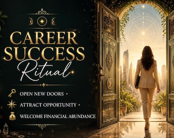 May include: A digital graphic featuring the text CAREER SUCCESS RITUAL, OPEN NEW DOORS, ATTRACT OPPORTUNITY, and WELCOME FINANCIAL ABUNDANCE. A person in a light suit walks through an ornate open doorway toward a city skyline at sunset.
