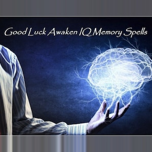 May include: A person in a striped shirt and red tie holds a glowing blue brain in their hand. The text "Good Luck Awaken IQ Memory Spells" is at the top of the image.