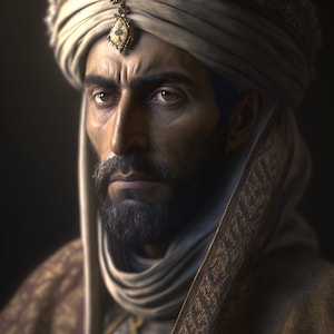 May include: A portrait of a man wearing a white turban with gold embroidery and a gold pendant. He has a dark beard and a serious expression. The text "Muslim Djinn Ward Off Malevolence-Protection" is below the image.