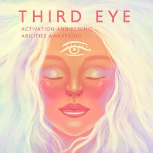 May include: Digital artwork featuring a face with closed eyes and a third eye symbol. The text at the top reads "THIRD EYE" in pink, with "ACTIVATION AND PSYCHIC ABILITIES AWAKENING" below.