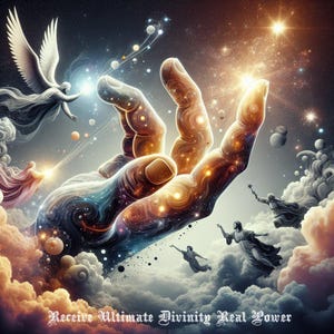 Puede incluir: Una gran mano colorida que se extiende desde una galaxia en espiral, con una luz brillante que emana de la punta de sus dedos. Ángeles y otras figuras vuelan alrededor de la mano, rodeados de nubes y estrellas. El texto "Receive Ultimate Divinity Real Power" está en la parte inferior de la imagen.