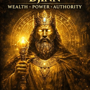 Può includere: Illustrazione dorata di King Solomon Djinn, con corona e scettro. L'immagine include il testo "WEALTH POWER AUTHORITY" e "ACTIVATE YOUR SUCCESS". Il tema generale è il potere e il successo.