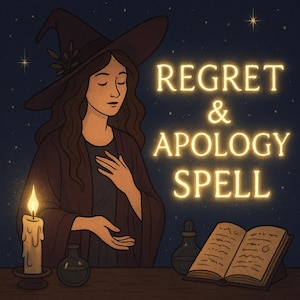 Puede incluir: Ilustración de una bruja con sombrero y túnica, una vela encendida y el texto "Regret & Apology Spell". Un libro de hechizos y botellas de pociones están sobre la mesa, con un cielo estrellado de fondo.