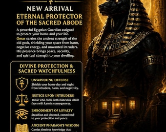 Puede incluir: Arte digital que presenta al dios egipcio Omar, un protector eterno. La imagen tiene un tema oscuro y místico con detalles dorados. El texto incluye "Protector Eterno de la Morada Sagrada" y "Protección Divina y Vigilancia Sagrada."