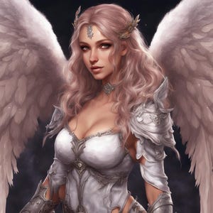 Puede incluir: Una mujer con el pelo largo de color rosa y alas blancas lleva una armadura blanca y plateada con un collar de gargantilla plateado.