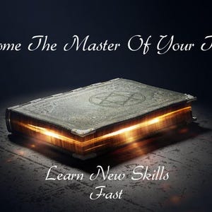May include: An aged, stone-like book with a glowing, golden light emanating from its pages. The cover features a star-like symbol. Text reads "Become The Master Of Your Trade" and "Learn New Skills Fast".