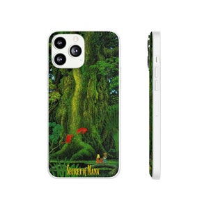 May include: A white iPhone case with a green and brown image of a forest scene. The image features a large tree with vines and moss, and two small figures in the foreground. The text "Secret of Mana" is printed in gold at the bottom of the case.