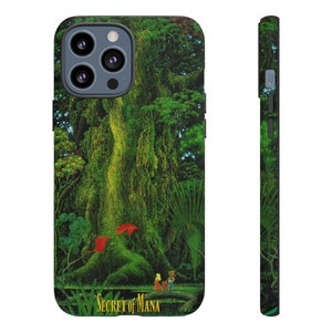 May include: A green, brown, and red phone case with a large tree and two figures standing in front of it. The text "Secret of Mana" is at the bottom of the case.