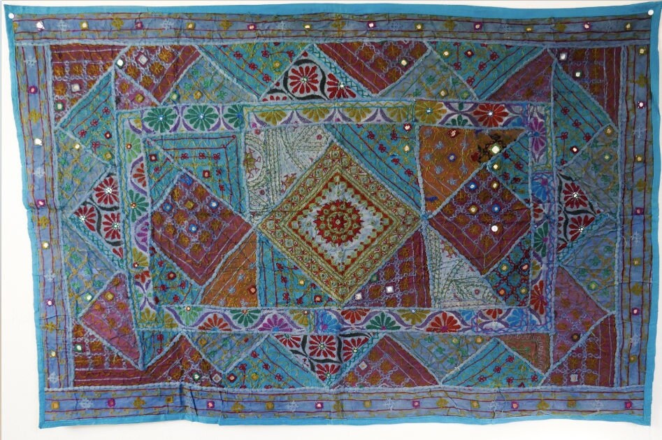 Handmade Patchwork Wall Hanging Tapisserie Indienne Murale Bleu Rouge Vintage Bohemian Retro Faite A