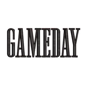May include: Black embroidered text on a white background reads "GAMEDAY." The letters are thick and blocky, with a slightly textured appearance. The overall design is simple and bold, suitable for apparel or accessories.