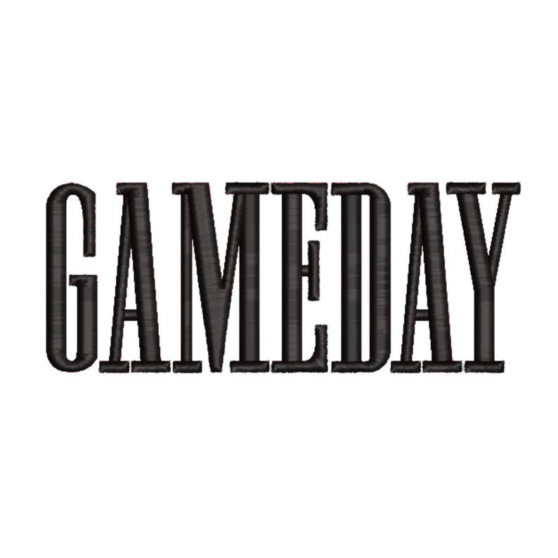 May include: Black embroidered text on a white background reads "GAMEDAY." The letters are thick and blocky, with a slightly textured appearance. The overall design is simple and bold, suitable for apparel or accessories.