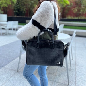 14inch leather laptop bag black custom initials with sustainable crocodile print  | luxury briefcase | MacBook Hp Dell | leather tote bag
