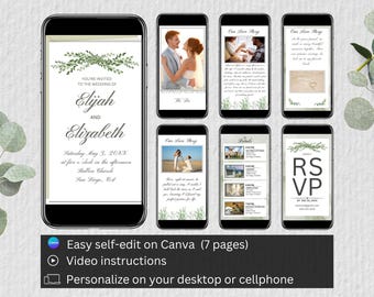 Invitación de boda digital elegante con vegetación suave