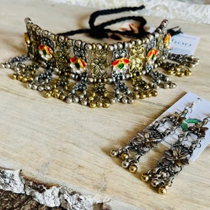 Oxidized German Silver Afghani Necklace Set, Diwali Jewelry, Black metal Jewelry, Handmade