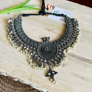 Oxidized Silver Choker Necklace Set: Indian Tribal Jewelry, handmade