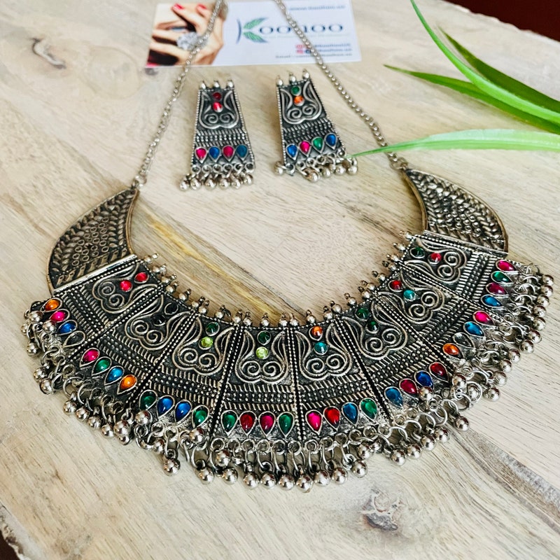 Navratri Ethnic Silver Oxidized Traditional Afghani Choker Necklace Jewellery Set for Women