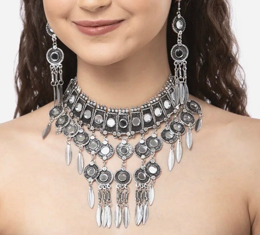 Indian Oxidized Mirror Jewelry Set Mirror Necklace Set Etsy