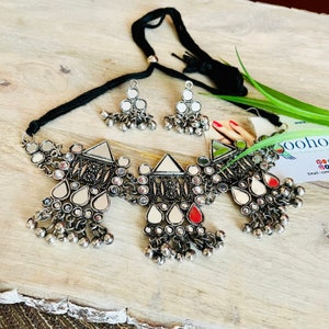Oxidized German Silver Mirror Jewelry Set: Indian Necklace & Earrings