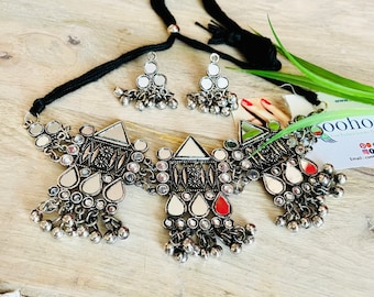 Oxidized German Silver Mirror Jewelry Set: Indian Necklace & Earrings