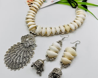 Oxidized Shell Necklace Set: Indian Silver Jewelry