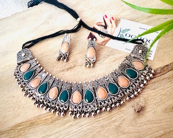 Indian Oxidized Choker Necklace, Afghani jewelry Choker, German Silver Statement Necklace, Hasli Necklace in Black Polish by KoohooUS