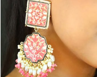 Handpainted Meenakari Earrings: Kundan Pearl Diwali Jewelry, pink ear rings, long earrings, gift