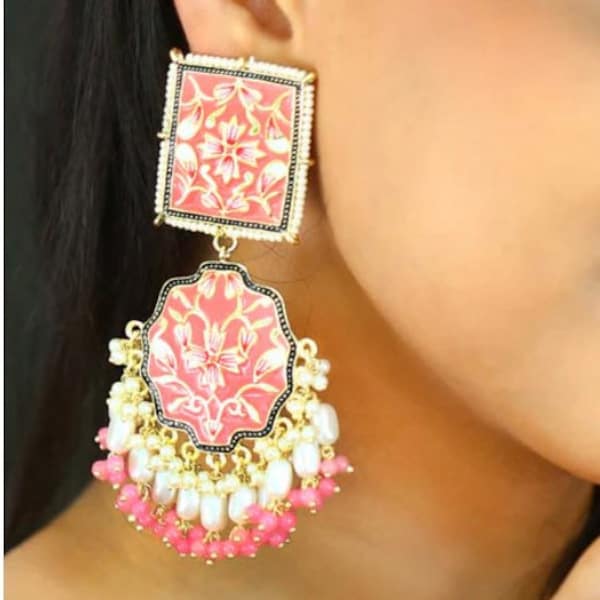 Diwali Jewelry, Meenakari Earrings, Handpainted Earrings, Meenakari Kundan Earring, Meenakari Jewelry, Pearl Earrings KoohooUS