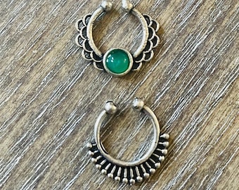 Septum nose ring, Nose cuff, Fake  nose ring, Nath, Silver oxidized nose ring with colored stone by KoohooUS