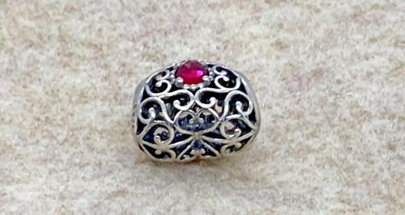 Pandora Heart Charm Filigree Scroll Work Red Stone Rerired