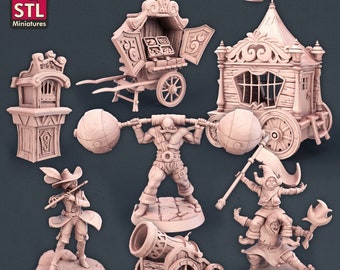 Carnival Set by STL Miniatures - RPG Wargames Tabletop Gaming - Minis - Figurines - Fantasy Fair Harlequin Strongman Flautist Cart Props