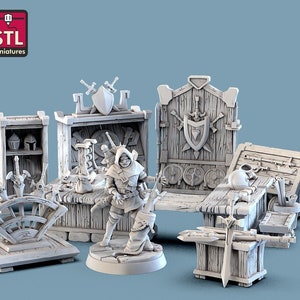 Weapons Vendor Set - STL Miniaturen - RPG Wargames Tabletop Gaming DnD Mini Figur Fantasy NPC Schwerter Äxte Waffen Display Regale Rüstung