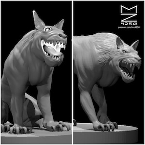 Puede incluir: Dos esculturas de lobos grises, detalladas, impresas en 3D, que gruñen. El lobo de la izquierda está sentado con las patas metidas debajo del cuerpo. El lobo de la derecha está de pie con las patas rectas. Ambos lobos tienen dientes afilados y miran hacia la derecha.