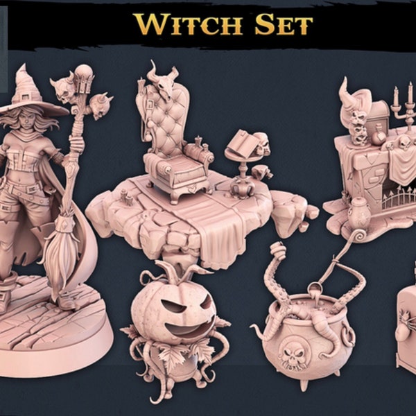 Witch Set by STL Miniatures - RPG Wargames Tabletop Gaming - Minis - Figurines - Cauldron Pumpkin Potion Fireplace Chair Sorceress Props