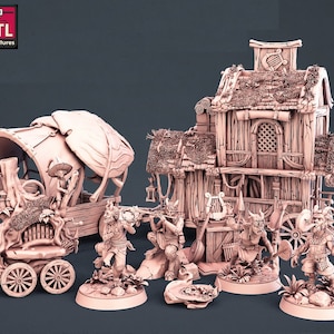May include: A miniature set featuring a whimsical mushroom-shaped wagon, a small wooden house with a thatched roof, and five miniature figures. The figures are dressed in various styles and appear to be playing music. The set is painted in a light pink colour.