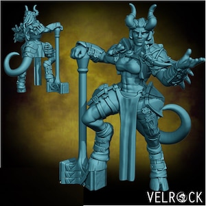 Female Tiefling Barbarian Mini - Velrock Art Miniatures - 3D Printed 28mm Scale - RPG Fantasy DnD Wargame Tabletop Gaming Demon Devil Woman