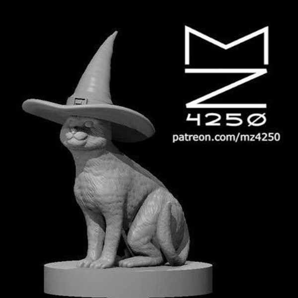 Witch Cat Mini - mz4250 - D&D Pathfinder Fantasy RPG Tabletop Roleplaying Games 28mm Scale Miniature - Monster Familiar Kitty Witch Hat