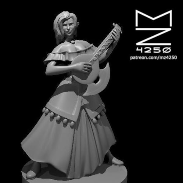 Female Elf Bard Guitarist Miniature - mz4250 - D&D Dungeons and Dragons Pathfinder Fantasy RPG Tabletop Roleplaying Games 28mm 1" Scale