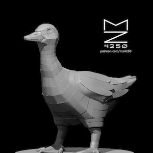 Może przedstawiać: Trójwymiarowy model gęsi, wydrukowany w kolorze szarym, stojący na okrągłej podstawie. Gęś ma długą szyję i dziób, a jej skrzydła są rozłożone. Model jest szczegółowy i realistyczny.