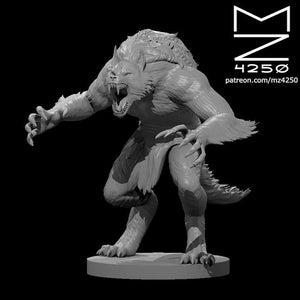 May include: A detailed grey 3D printed miniature of a werewolf, standing on a round base. The werewolf is in a snarling pose with its claws extended.