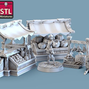 フルーツベンダーセット - STLミニチュア - RPGウォーゲーム卓上ゲームDnD - ミニフィギュアNPCフルーツスタンドバスケットバナナパンプキンメロンセラー