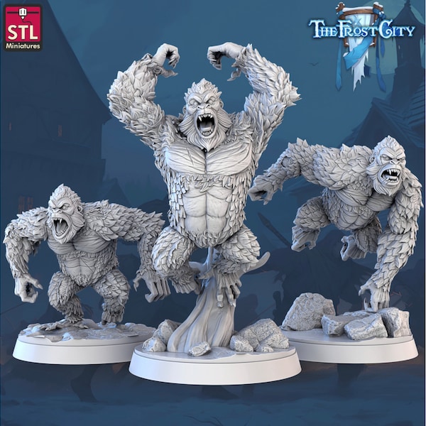 White Gorillas Set - STL Miniatures - RPG Wargames Tabletop Gaming DnD - Mini Animal Figurine The Frost City Campaign Gorilla Monkey Ape