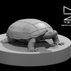May include: A 3D printed model of a turtle with a detailed, segmented shell and articulated legs. The turtle is posed on a circular base.